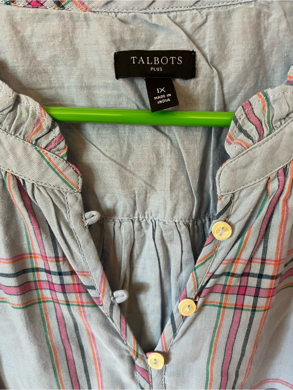 Talbots Light Blue Plaid Button-Front Ruffle Henley - Picture 3 of 3